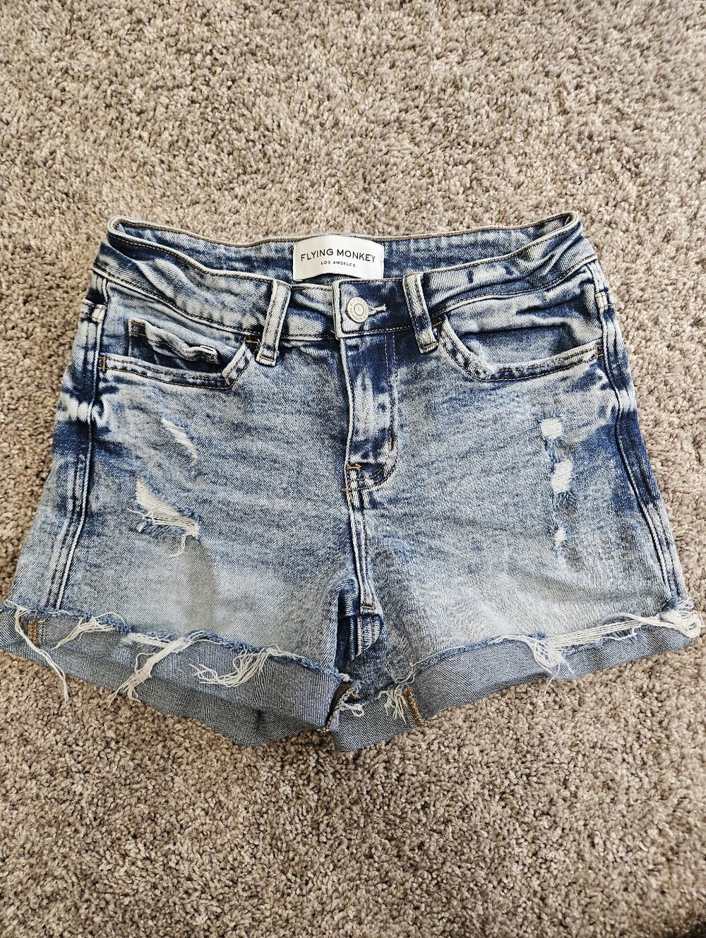 Flying Monkey Washed Blue Distressed Denim Roll Cuff Shorts Size 25